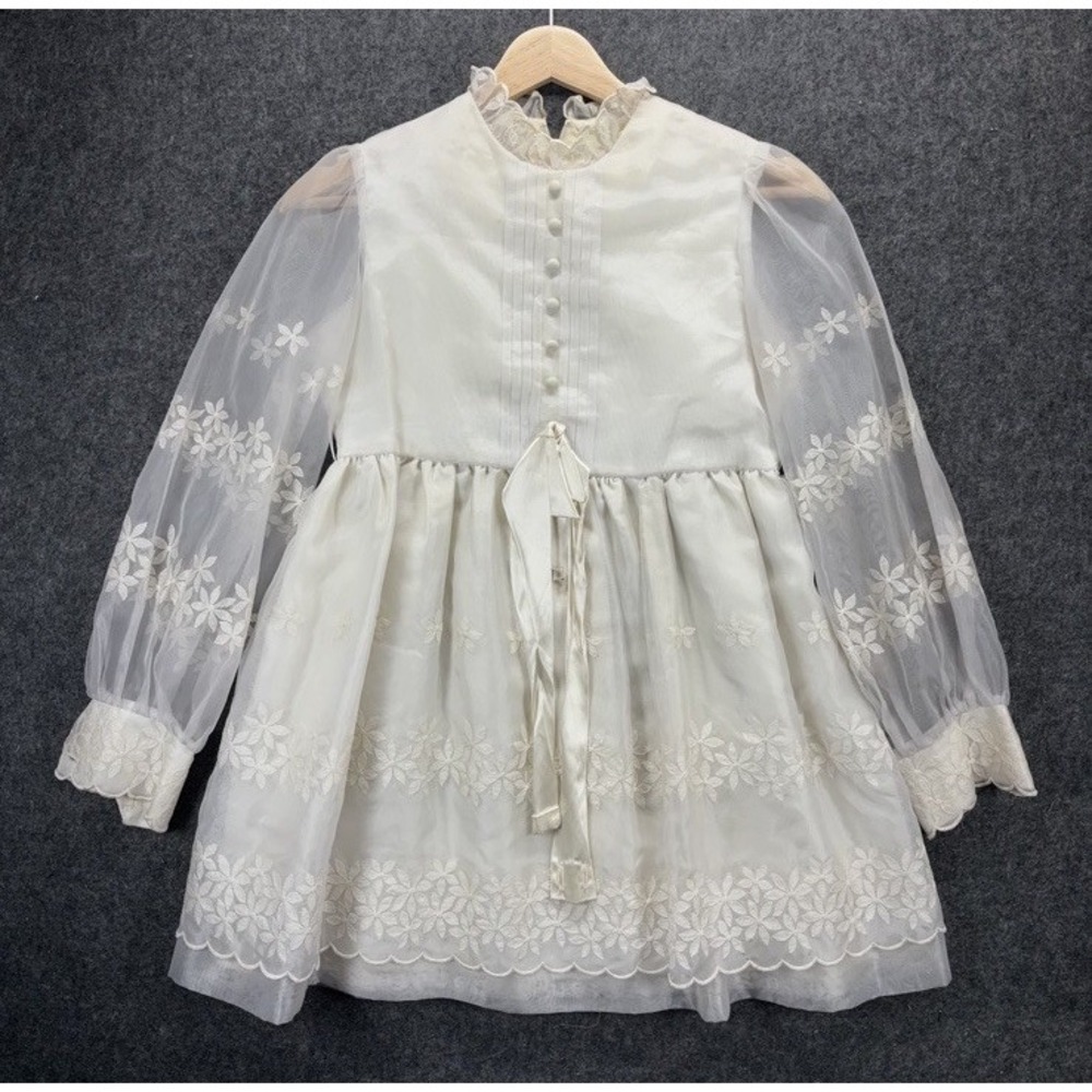 Vintage 60s Babydoll Mini Dress Youth 12 Women XS White Sheer Prarie Mod Boho